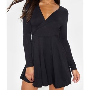 Black Jersey Wrap - Long Sleeve Skater Dress